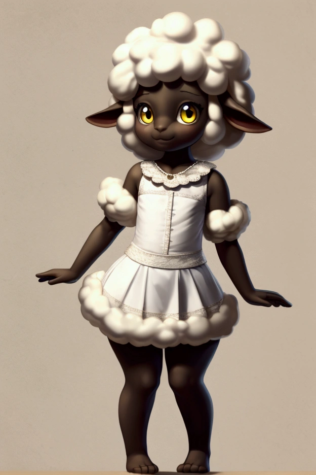 Little skinny sheep with nice big thighs and white wool and cute yellow eyes and is wearing a short dress with mini skirt full body and is 7 years old.