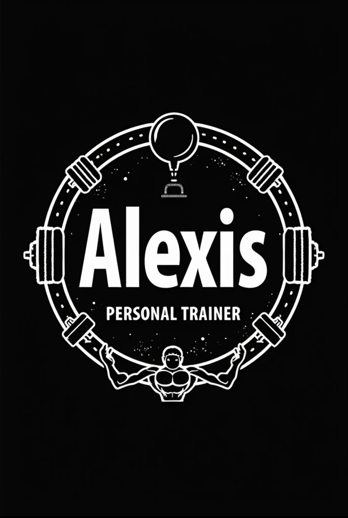 Logo for my personal trainer brand that is monochromatic, only black and white containing my name, which is Alexis and this in a circular format and alludes to weight lifting and/Musculature