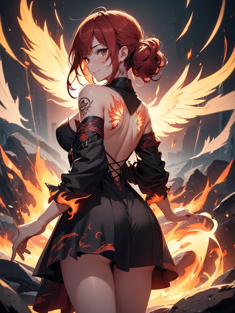 (((best quality, sharp image, clear image, cinematic lighting, 8k resolution, masterpiece, ultra detailed, intricate))) Girl casting magic, (((looking over left shoulder))), (shot from behind), ((shot from hip up)), fiery red hair, pigtails, ((intricate black dress)), ((flaming sigils, flaming runes)), spiky rock formations, (flaming lotus flowers frame), (intricate background), (chaotic background), ((Phoenix)), (swirling flames), smiling,tatoo on back