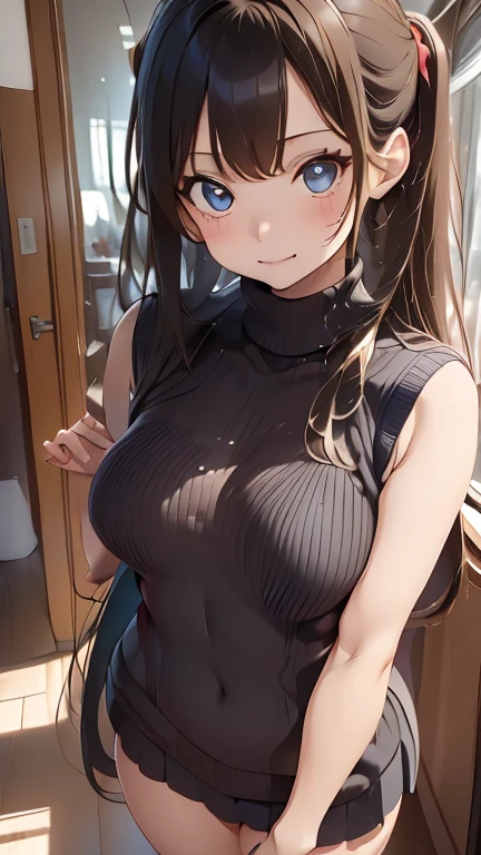 (Highest quality)), ((masterpiece)), (detailed), ((Full body shot 1.5))，One Woman，28歳のBeautiful woman，A married woman wearing black-rimmed glasses，Married woman smiling with mouth open，The look of temptation，Very sexy，8 heads，Small face woman，(((Big Breasts，Wear a turtleneck, Sleeveless knit sweater.8，One Piece Sweater，Very good)))，Small nipples，Sweater with wide open chest，Accentuate your cleavage，Grey sweater，
Beautiful woman，Beautiful Face，Big eyes，Beautiful Eyes，Beautiful double eyelids，Beautiful teeth alignment，8 heads，Beautiful body lines，Slender body，Beautiful Hands，Beautiful feet，Long hands，Long legs，Long and supple hair，Shiny Hair，Black Hair，Full body shot 1.4，Embarrassed expression，blush，Mouth half open，From below，Beautiful shoulders，Beautiful clavicle、Woman standing with legs spread，(((Pressing the chest 1.9)))，Lifting Skirt 1.7，