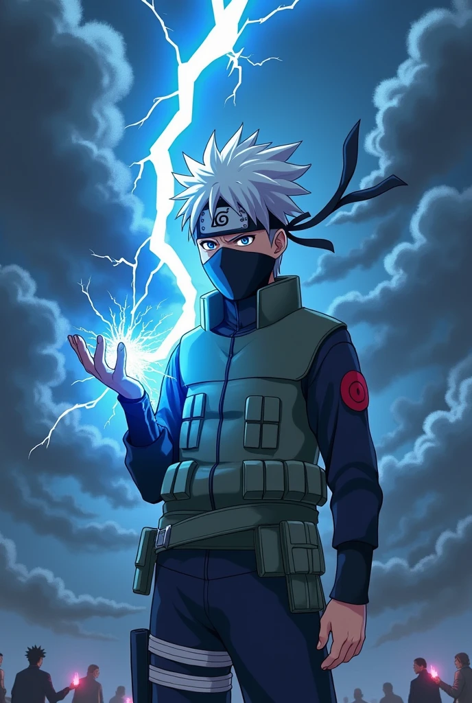 Kakashi wielding a lightning bolt with the Chidori in his hand