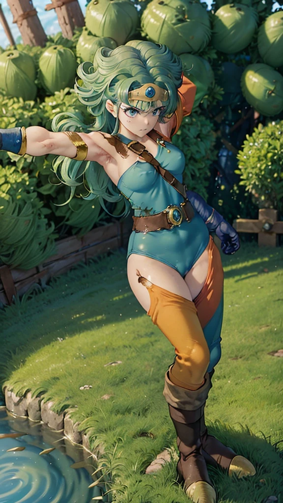 （（（ＳＦＷ、sound、Highest quality、Top notch work、Normal body、、Detailed face、Ultra-precision、normal hand、Refer、５refer、Highest）））、beautiful girl、Green Hair、yamato nadeshiko、Small breasts、Shortcuts、Blue leotard、muscular、Red Cape、Circlet、Dragon Quest、Female Heroes、 Fight、Fight is ready、Sweep with a sword、Please put your hands together in front of you.、Place your hands behind your back、Please put your hands on your hips、cover your chest with your hands、((Executed perfectly:Frame yourself from head to toe,Standing posture,Draws in great detail、There is no anatomical problem))、(((There is a wound on the arm、the presence of wounds on the chest、There is a wound on the abdomen、There are wounds on the legs:1.6))),(((Bleeding from the wound:1.2)))、writhing in pain、(((The female warrior is surrounded by a sea of fire、Burning at the stake:1.4)))、(((The town is burning behind the heroine:1.1)))、(((stone punishment、Held on a cross:1.6)))