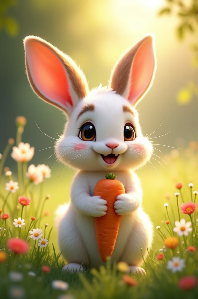 A small, nimble rabbit, with fluffy white fur with brown spots, large curious eyes and an always lively expression. He holds a large carrot and has pointed ears raised, as if about to dash.