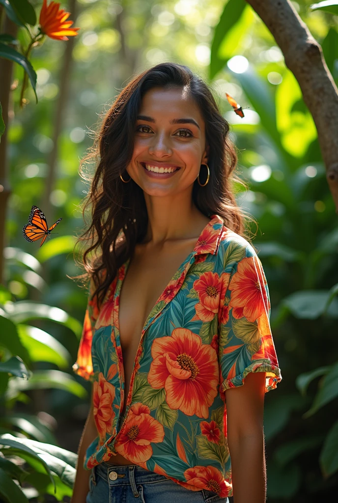 A Brazilian woman in a lush tropical garden, wearing an open shirt with a floral print, with a close-up capturing the harmonious beauty between her breasts and the natural flowers, showing off your natural charm and outgoing personality.