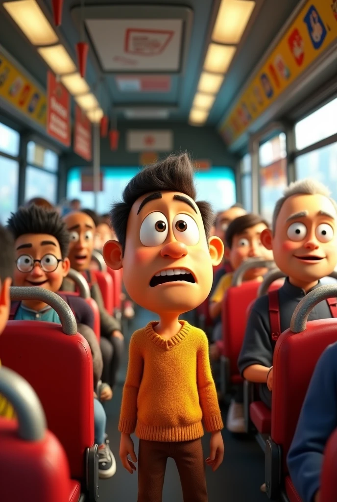 Mr. Zambo animated pixar mode, on a bus full of lively people, with a worried expression 
