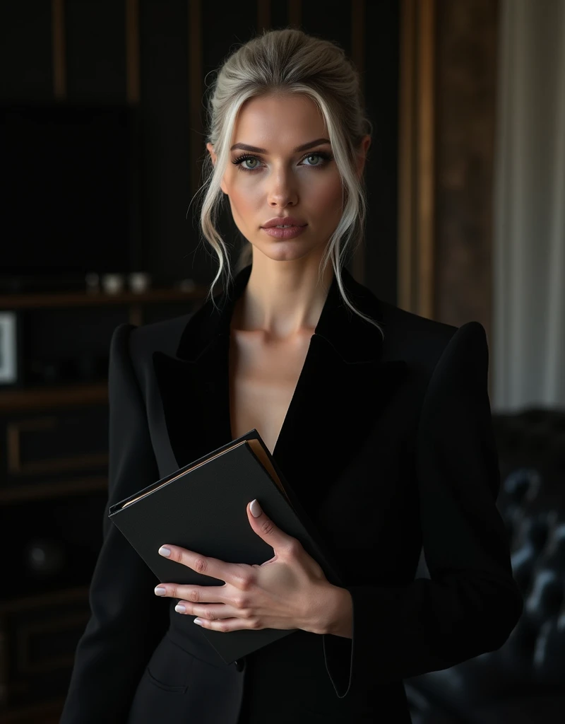 Beautiful Russian girl with white skin, light gray hair, hair in a bun, smooth facial features, girl model, dasha taran,  professional Photo, 4K, a high resolution, high detail, aesthetically pleasing, Beautiful, realistic, standing straight, Looks straight, holds a black book, against the backdrop of a black living room, (very detailed skin:1.2), contract for 8 thousand., SLR camera, very detailed face, artistic composition, Photo,