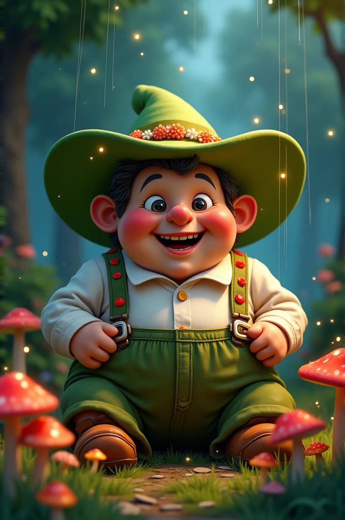 Large, overweight gentleman with a cap, under a leaf in the style of Tinkerbell 