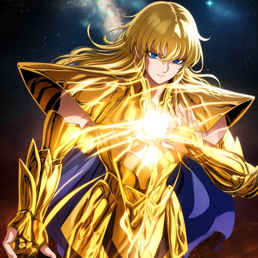 masterpiece, best quality, highres, 1 boy, alone, Virgo Shaka, /(Saint Seiya/), (open_eyes:1.5), perfect anatomy, detailed background,
BREAK full golden virgin armor (gold armor:1.5), outdoors, standing in a field,  ultra detailed, 
BREAK clean skin, flawless complexion, perfect hands, perfect fingers, detailed hands, well-proportioned fingers, focused face, detailed face, perfect face, perfect nose, perfect eyes, blue eyes, visible lips, clean face, perfect blonde hair, serious expression, centered, upper body shot from head to chest.