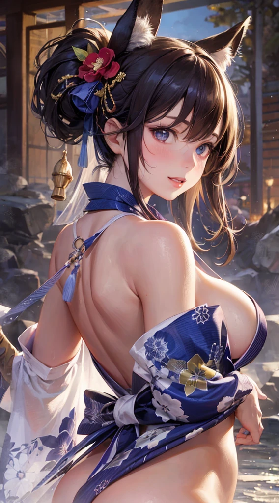 8k, ((((nsfw)))), masterpiece, best quality, ultra high res,(photo realistic:1.4),((1girl)), mi breasts, Moist eyes, Seductive eye, loong hair, tanned skin and perfect figure, cleavage, upper body, lustrous skin, bewitching smile, cute, young, looking at viewer, detailed background, intricate background, shiny skin, hanabi, fire flower, yukata, kimono, wahuku, geisya, oiran, kanzasi, ponytail,　((lying on the bed)),