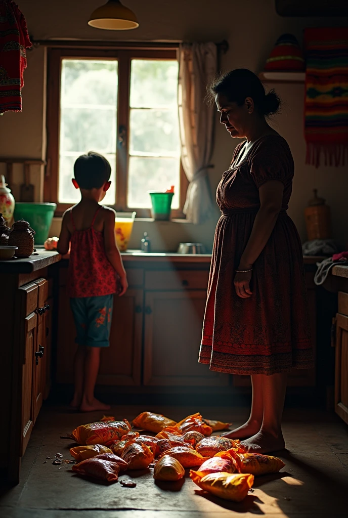 Create an image of a sad Bolivian mother watching her children eat junk food from bags.