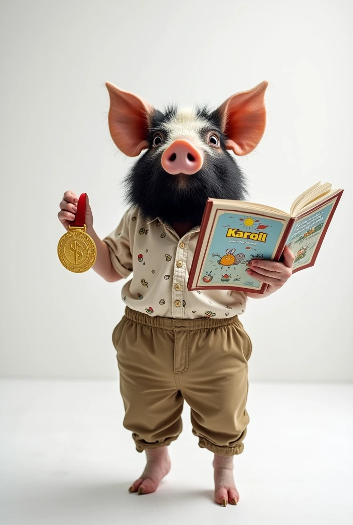 A pig with black beard in short sleeve shirt and pant with a gold medal and a book in hand in a white room