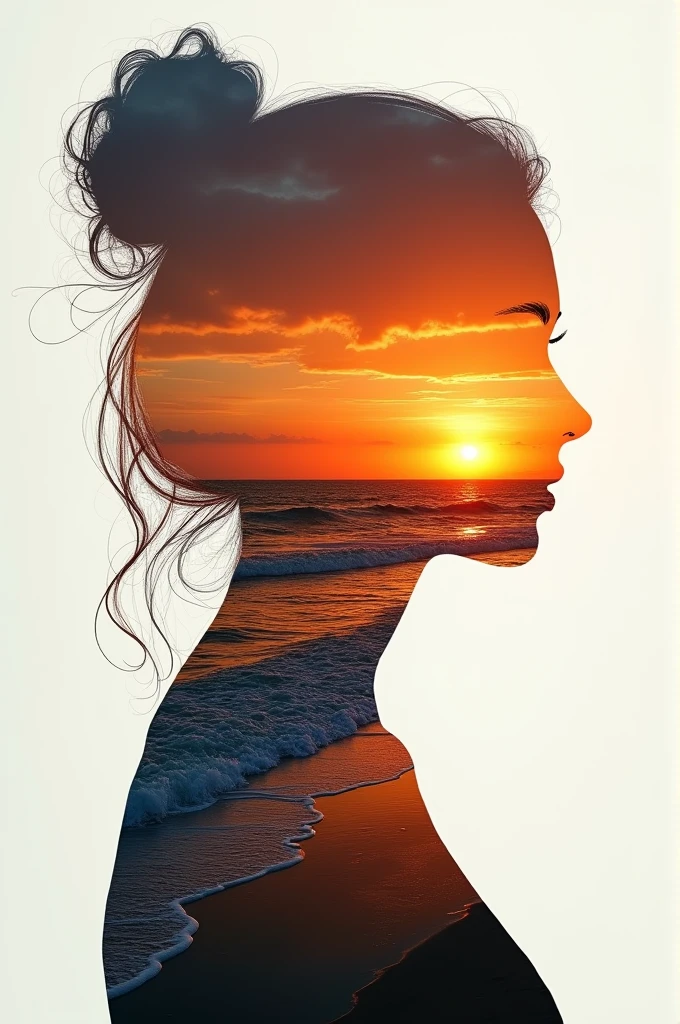 high quality, 8K Ultra HD, A beautiful double exposure that combines an goddess silhouette with sunset coast, sunset coast should serve as the underlying backdrop, with its details incorporated into the goddess , crisp lines, The background is monochrome, sharp focus, double exposure, by yukisakura, awesome full color,