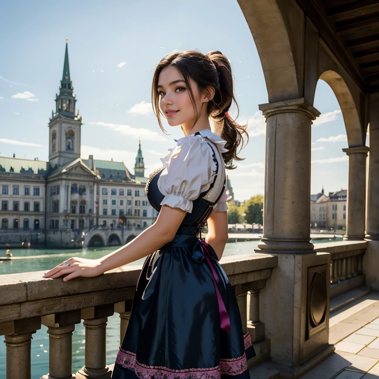 (​masterpiece, best quality:1.5), highest quality, High resolution, super detailed, Realists, Upper body photo of a -yeld bl-haired girl, detailed and beautiful eyes, beautiful detailed lips, very detailed eyes and face, longeyelashes, A 16-year-o gin a btiful long shiny satin dirndl, Tip in the fabric, Beautiful and colorful makeup, elegant and noble々Pose, Beautiful bows in the hair, Ponytail hairstyle with a bow, Munich as a backdrop, bright daylight, bright colors, fine brushstrokes, Portrait style, beautiful color palette, glowing skin, First-class rendering, that captures every detail, enchanting atmosphere, (perfect anatomy:1.2), (The stunning girl wears a beautiful long dirndl. smiling in love and full of joy for the festival, nice legs. She stands next to the fountain and proudly presents herself. The girl stands and dances for joy and lets her skirt dance   (magnificent panorama view:1.2)