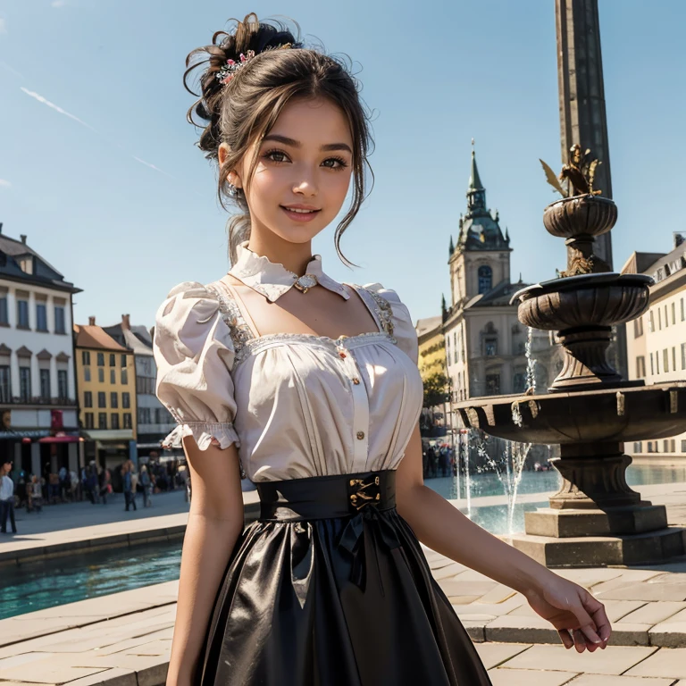 (masterpiece, best quality:1.5), highest quality, High resolution, super detailed, Realists, Upper body photo of a 16-year-old black-haired girl, detailed and beautiful eyes, beautiful detailed lips, very detailed eyes and face, longeyelashes, A 16-year-old girl in a beautiful long shiny satin dirndl, Tip in the fabric, Beautiful and colorful makeup, elegant and noble々Pose, Beautiful bows in the hair, Ponytail hairstyle with a bow, Munich as a backdrop, bright daylight, bright colors, fine brushstrokes, Portrait style, beautiful color palette, glowing skin, First-class rendering, that captures every detail, enchanting atmosphere, (perfect anatomy:1.2), (The stunning girl wears a beautiful long dirndl. smiling in love and full of joy for the festival, nice legs. She stands next to the fountain and proudly presents herself. The girl stands and dances for joy and lets her skirt dance (magnificent panorama view:1.2)