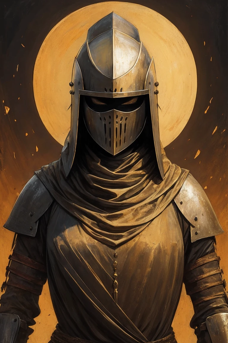a painting of a young medieval woman, gaunt, collarbone wrapped in yellowing bandages, wearing dirty knight armor, bandages covered in dried blood and puss, disgusting, defiant fleeting eyes, in pain, old bandages tight, mended armor plates over chest, mended knight, short ratty hair covering face, dirty face and clothes, sneering, plated helm on head, eyes showing through the helm, bright yellow sun in a charcoal-colored sky