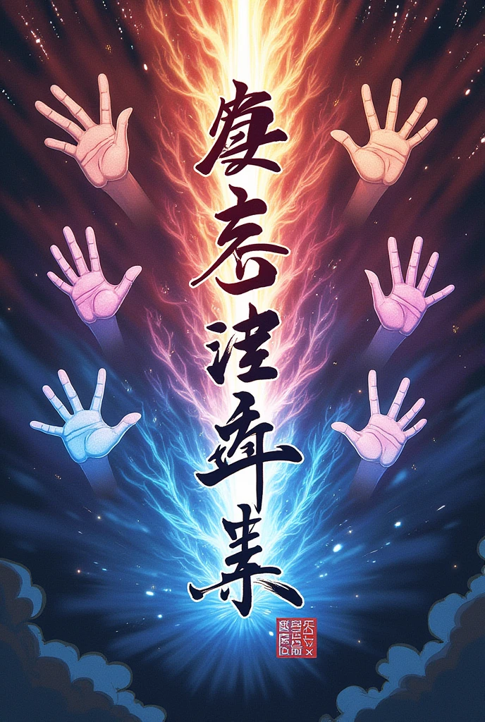  'Ryōiki Tenkai' written in the middle and around it i would like to have Yuji Itadori's, Gojo Satoru's, Megumi Fushiguro's, Hiromi Higuruma's, Yuta Okkotsu's and Kinji Hakari's Domain expansion hand signs.