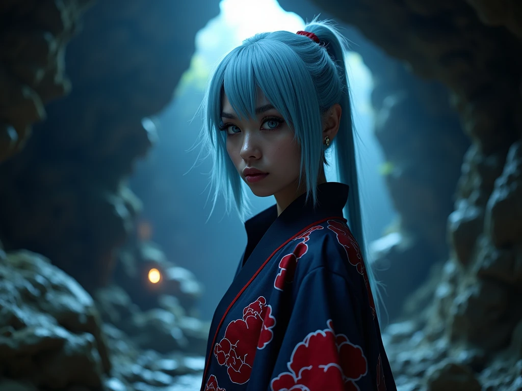 a beautiful biracial latina woman, light blue hair, light blue eyes, large breasts, cosplaying Itachi Uchiha in a cavern, wearing an Akatsuki black with red cloud suit, (best quality,4k,8k,highres,masterpiece:1.2),ultra-detailed,(realistic,photorealistic,photo-realistic:1.37),extremely detailed eyes and face,longeyelashes,detailed high-quality fabric,intricate details, dramatic lighting, moody atmosphere, cinematic, highly detailed