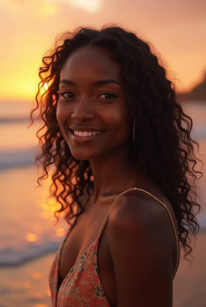 beautiful ethiopian woman, 19 years old, naked, standing on a beach, at sunrise, detailed face, detailed eyes, detailed lips, detailed skin, detailed hair, golden hour lighting, dramatic lighting, cinematic lighting, glowing skin, volumetric fog, ocean waves, sandy beach, warm colors, soft focus, photorealistic, 8k, best quality, masterpiece