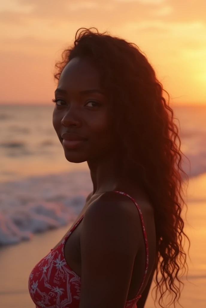 beautiful ethiopian woman, 19 years old, naked, standing on a beach, at sunrise, detailed face, detailed eyes, detailed lips, detailed skin, detailed hair, golden hour lighting, dramatic lighting, cinematic lighting, glowing skin, volumetric fog, ocean waves, sandy beach, warm colors, soft focus, photorealistic, 8k, best quality, masterpiece