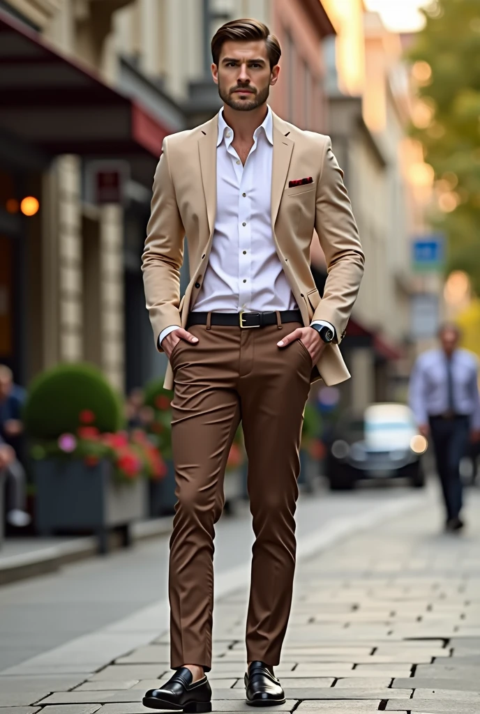 A handsome man . This man dressed up brown colour formal pant and white formal shirt with beige colour suit with black belt and black double monk lofar shoe and black wtach.
