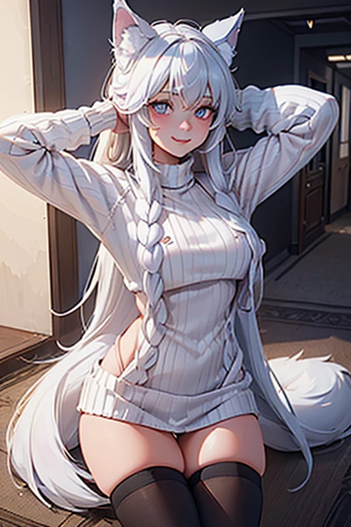 (1 girl:1.2), ((fluffy, antro, wolf girl, Wolf ears, wolf tail)), One, smile, I look at the viewer, hands behind your head, long hair, White hair, Blue eyes, (virgin_destroyer_sweater:1.5), side tit, lower chest, white panties, white knee socks, in room, corridor , realistic, Photo