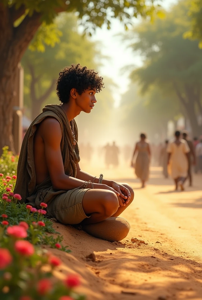 Bartimaeus Sitting on the Side of the Road: An image of Bartimaeus, dressed in simple, worn clothes, sitting by the edge of the dusty path. The expression on his face reflects hope and anxiety as he hears the sound of the crowd approaching.. Style Disney 3D