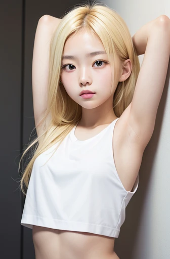 Create a photo of a korean Asian teenager,beautiful girl, ((blonde hair)),,narrow eyes:1.5,slimface,armpits,whitetnaktop,nounderarmhair,littleageface