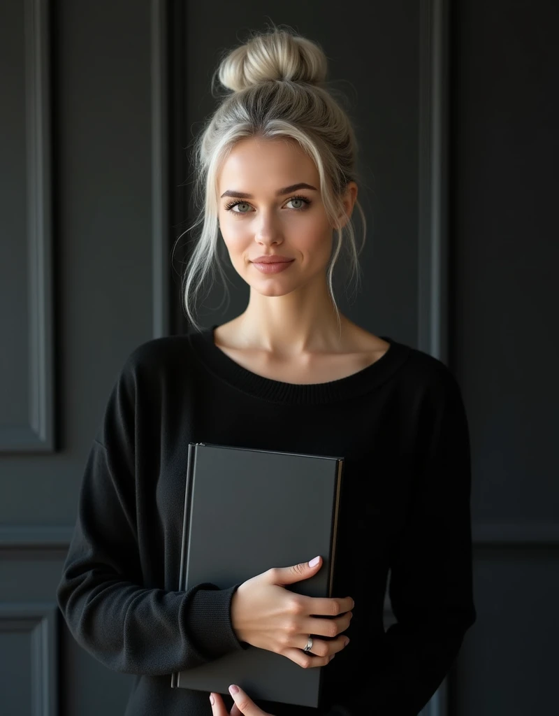 Beautiful Russian girl with white skin, light gray hair, hair in a bun, smooth facial features, girl model, dasha taran, professional Photo, 4K, a high resolution, high detail, aesthetically pleasing, Beautiful, realistic, standing straight, Looks straight, holds a black book, against the backdrop of a black living room, (very detailed skin:1.2), contract for 8 thousand., SLR camera, very detailed face, artistic composition, Photo,