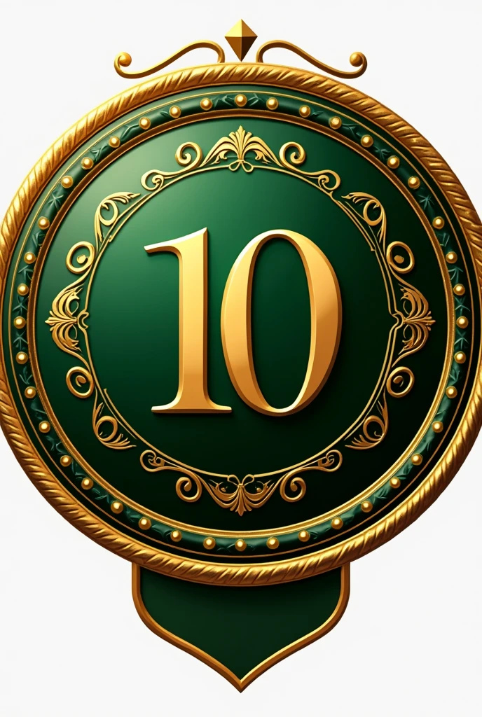 A mockup of a gold and green circular emblem, stylised, with number 10 centered and a strip at the bottom, seen from the front, without shadow and with Full HD quality