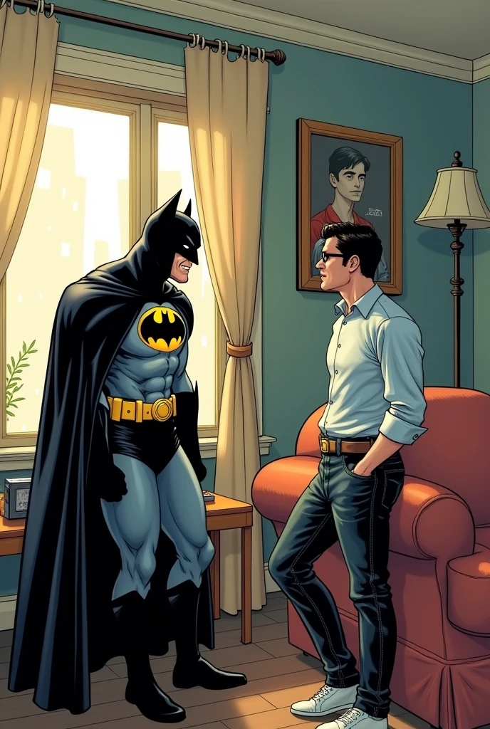 Bruce wayne talking to Clark Kent. Comic panel. In living room. Day. Friendship