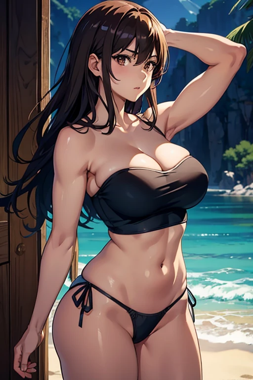 Prompt: anime girl, side-tie panties, strapless tank top, large breasts, muscular, cleavage, shiny hair, brown eyes, female focus, cowboy shot, shore, beautiful lighting