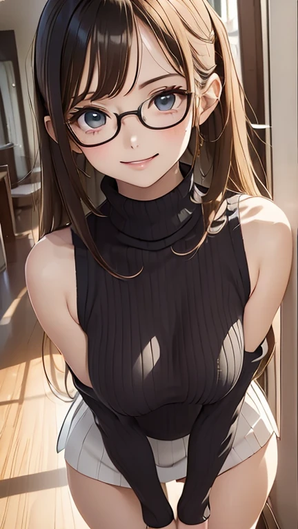 (Highest quality)), ((masterpiece)), (detailed), ((Full body shot 1.5))，One Woman，28歳のBeautiful woman，A married woman wearing black-rimmed glasses，Married woman smiling with mouth open，The look of temptation，Very sexy，8 heads，Small face woman，(((Big Breasts，Wear a turtleneck, Sleeveless knit sweater.8，One Piece Sweater，Very good)))，Small nipples，Accentuate your cleavage，Black sweater，
Beautiful woman，Beautiful Face，Big eyes，Beautiful Eyes，Beautiful double eyelids，Beautiful teeth alignment，8 heads，Beautiful body lines，Slender body，Beautiful Hands，Beautiful feet，Long hands，Long legs，Long and supple hair，Shiny Hair，Black Hair，Full body shot 1.4，Embarrassed expression，blush，Mouth half open，From below，Beautiful shoulders，Beautiful clavicle、Woman standing with legs spread，(((Pressing the chest 1.9)))，Lifting Skirt 1.7，