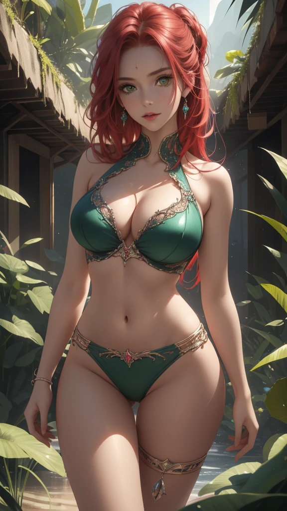 a beautiful, sexy alien woman with piercing green eyes, lush lips, and flowing red hair, perfect firm breasts, deep cleavage, sexy midriff, tight bikini outfit, posing gracefully in a surreal alien landscape, with glowing mushrooms, floating crystals, and a vibrant, extraterrestrial sky, (best quality,4k,8k,highres,masterpiece:1.2),ultra-detailed,(realistic,photorealistic,photo-realistic:1.37),fantasy, sci-fi, cinematic lighting, dramatic colors, intricate details, stunning