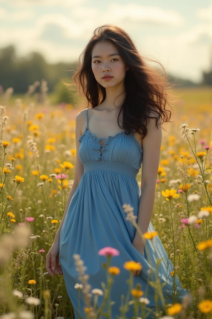 A classic image of a young woman in a field, with a blue dress, her hair is in the wind, her hair is wavy and black, She's waist-high. Her eyes are the blue of the sea and her skin is extremely white, she has many freckles on her face, her mouth is small and her face is thin