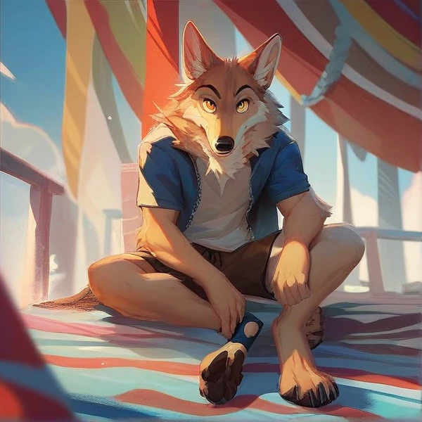 furry, coyote, male, yellow eyes, fluffy, beige fur , head view wearing shorts full body 8k