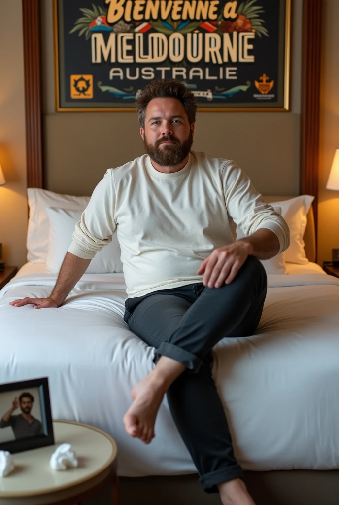 Homme caucasien grand de taille, charmant, un peu costaud, habillé en pantalon et tee-shirt manche longue, un homme dans une grande chambre d'hôtel, bien assis sur le lit ou sur le bord du lit le regard droit et fixé en avant en étant assis sur le lit dans une grande chambre d'hôtel et à côté du lit ou devant le lit il faut qu'il y ait UNE TABLE et sur la table à côté du lit ou devant le lit il faut qu'il y ait un papier mouchoir déjà utilisé sur la table et sur le lit de l'hôtel qu'il soit déposer un grand cadre de photo ou un cadre de photo moyen sur le lit, un cadre de photo qu'il est possible de FAIRE ARRÊTER SUR LE LIT et regardant dans la direction avant et sur le mur du chevet du lit un tableau sur lequel il est écrit en français : Bienvenue à Melbourne AUSTRALIE et autour de la phrase qu'il y ait les emblèmes du Canada Québec ou le drapeau du Canada Québec