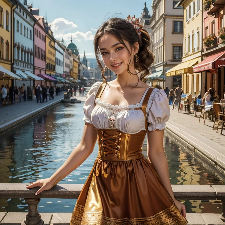 (​masterpiece, best quality:1.5), highest quality, High resolution, super detailed, Realists, Upper body photo of a -yeld brtte girl, detailed and beautiful eyes, beautiful detailed lips, very detailed eyes and face, longeyelashes, A 16-year-o gin a btiful short shiny satin Dirndl, Details in the dress fabric, Beautiful and colorful makeup, elegant and noble々Pose, Beautiful bows in the hair, Ponytail hairstyle with a bow, Munich as a backdrop, bright daylight, bright colors, fine brushstrokes, Portrait style, beautiful color palette, glowing skin, First-class rendering, that captures every detail, enchanting atmosphere, (perfect anatomy:1.2), (The breathtaking girl is wearing a beautiful short golden and red dirndl.. smiling in love and full of joy for the festival, nice legs. She stands next to the fountain and proudly presents herself. The girl stands and dances with joy   (magnificent panorama view:1.2)