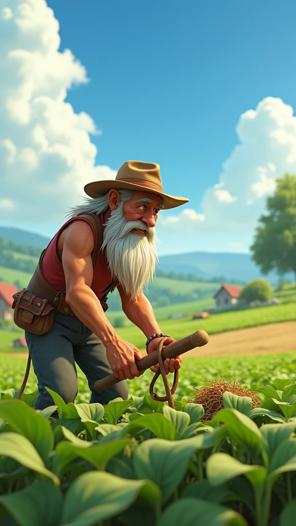 The old poor farmer's white beard, he works hard in the field.   , 3d animation ,disney inspired, 8k