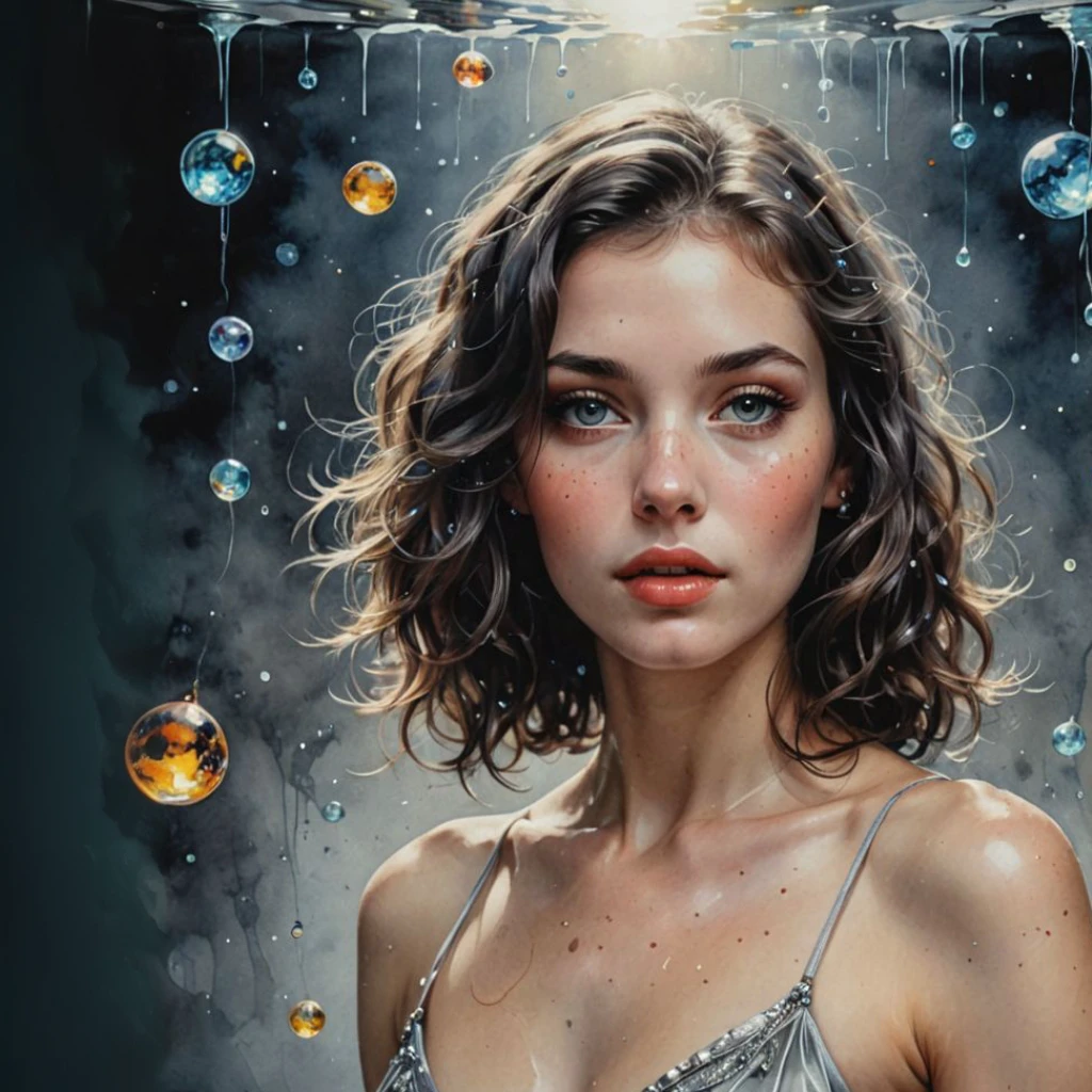 a close-up of a woman in a dress with bubbles in the air, karol behind uhd, detailed painting 4k, 4k detailed oil painting, Realistic illustrative painting, Realistic fantasy painting., Beautiful UHD 4K art, realistic woman oil painting, detailed realistic painting, Artgerm Julie Bell Beeple, A woman in a dress with bubbles in the air, impressive work of art