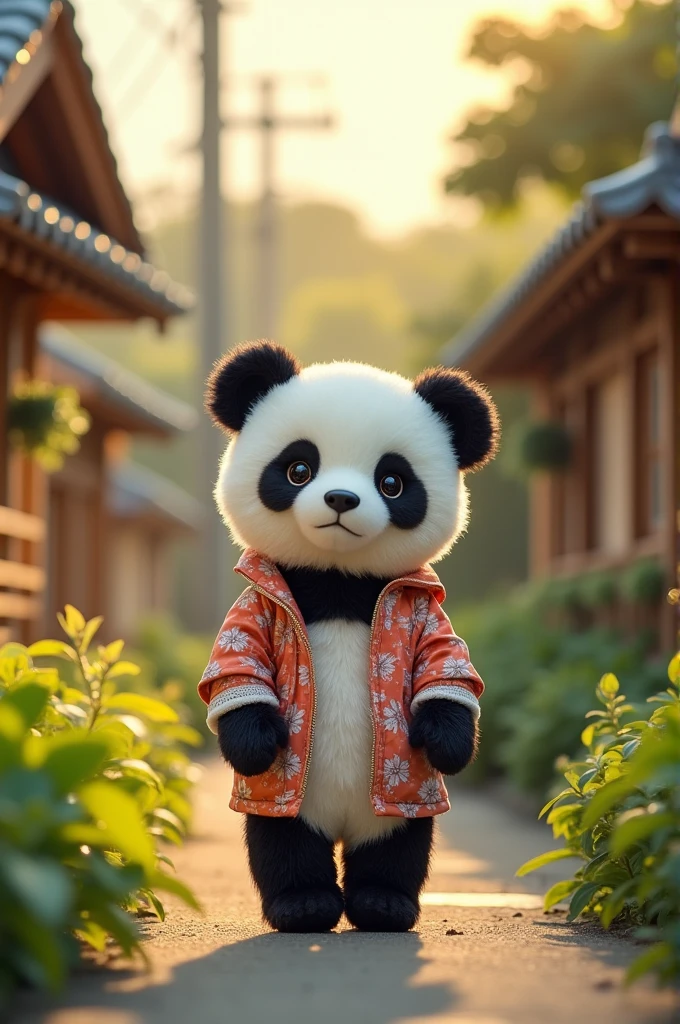 panda, They are standing，dollface，Japanese style，Tram，Okinawa，Summer Station，Wood house, de jaqueta 花panda，(精致的面容), (High-quality plush)