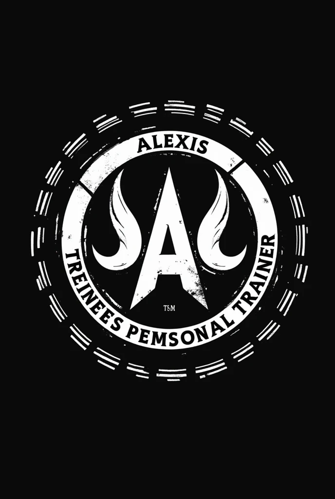 Logo for my personal trainer brand that is monochromatic, only black and white containing my name, which is Alexis and this in a circular format and makes reference to weight lifting that refers to Dorian Yates the bodybuilder