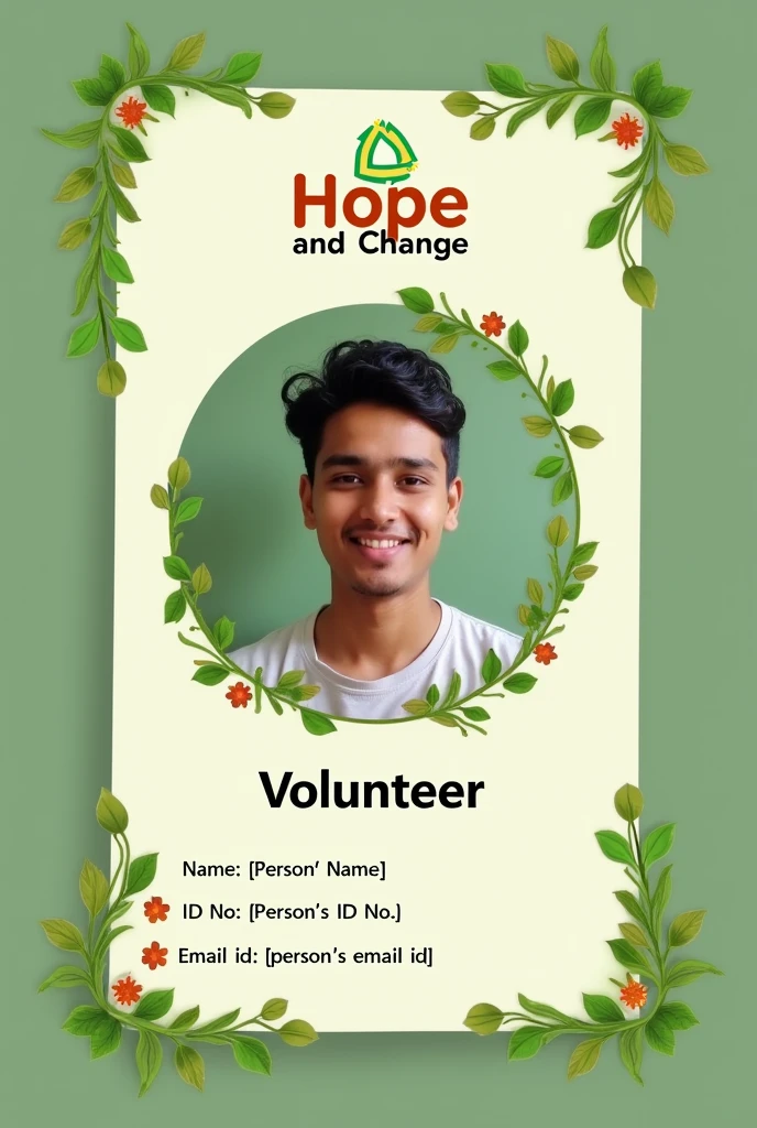 Make a volunteer id card 
--------------------------------------------------------------
|                       HOPE AND CHANGE                      |
|                    Person's picture in a round frame 
|                      

|                    [Organization Logo]                     |
|                                                            |
|                    Name: [Person's Name]                   |
|                    ID No: [Person's ID No.]                |
|                     email id :[ person's email id] 

|                                          
|                                                            |
|                       Theme: make it greenish and add a little bit plant
--------------------------------------------------------------


