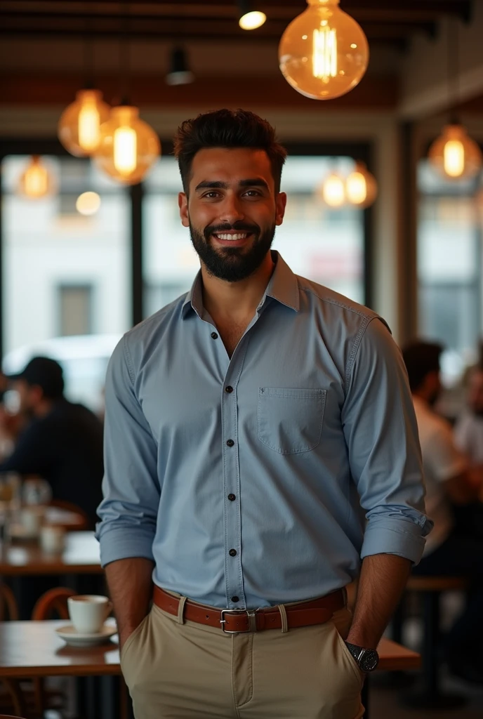 Man with a manly physique, Brown skin, Brown hair, defined beard, Arabic features, and hazel eye color, wearing smart casual