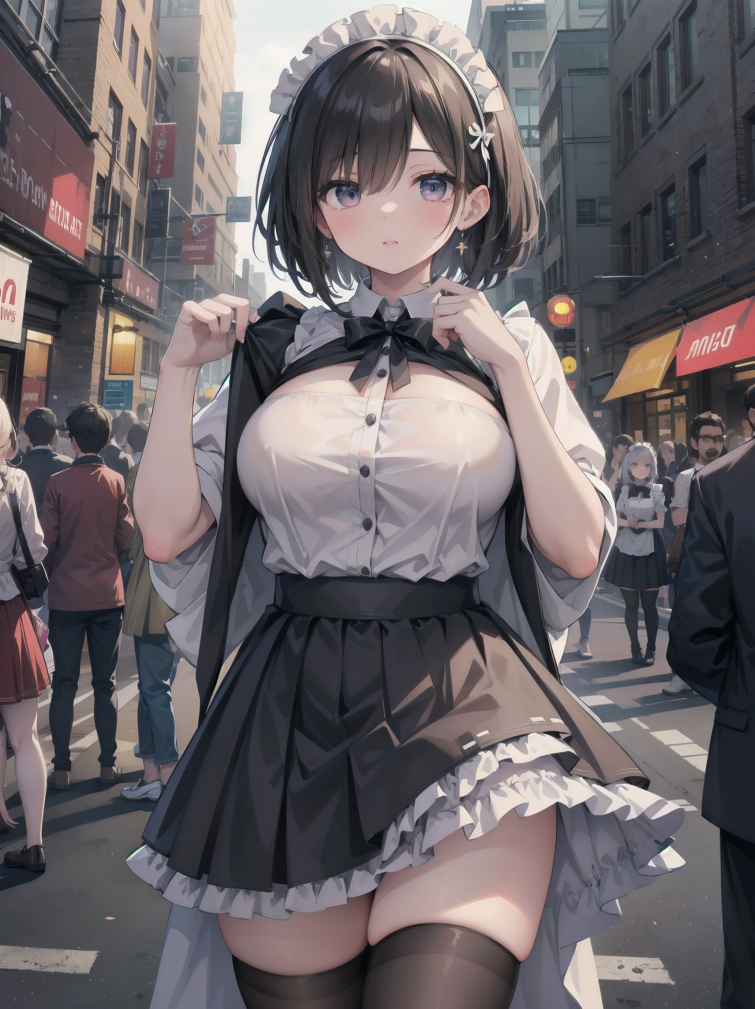 Highly detailed CG Unity 8k wallpaper, Top quality, Highly detailed, Masterpiece, Highly detailed pretty girl, , (((lifting skirt by herself))), (lifting skirt by herself)), dynamic angles, sexy pose, blush, lips apart, looking at audience, half body shot, (crowd), (crowded big city)), hair over one eye, immaculate beauty, less revealing maid outfit, classical maid fashion