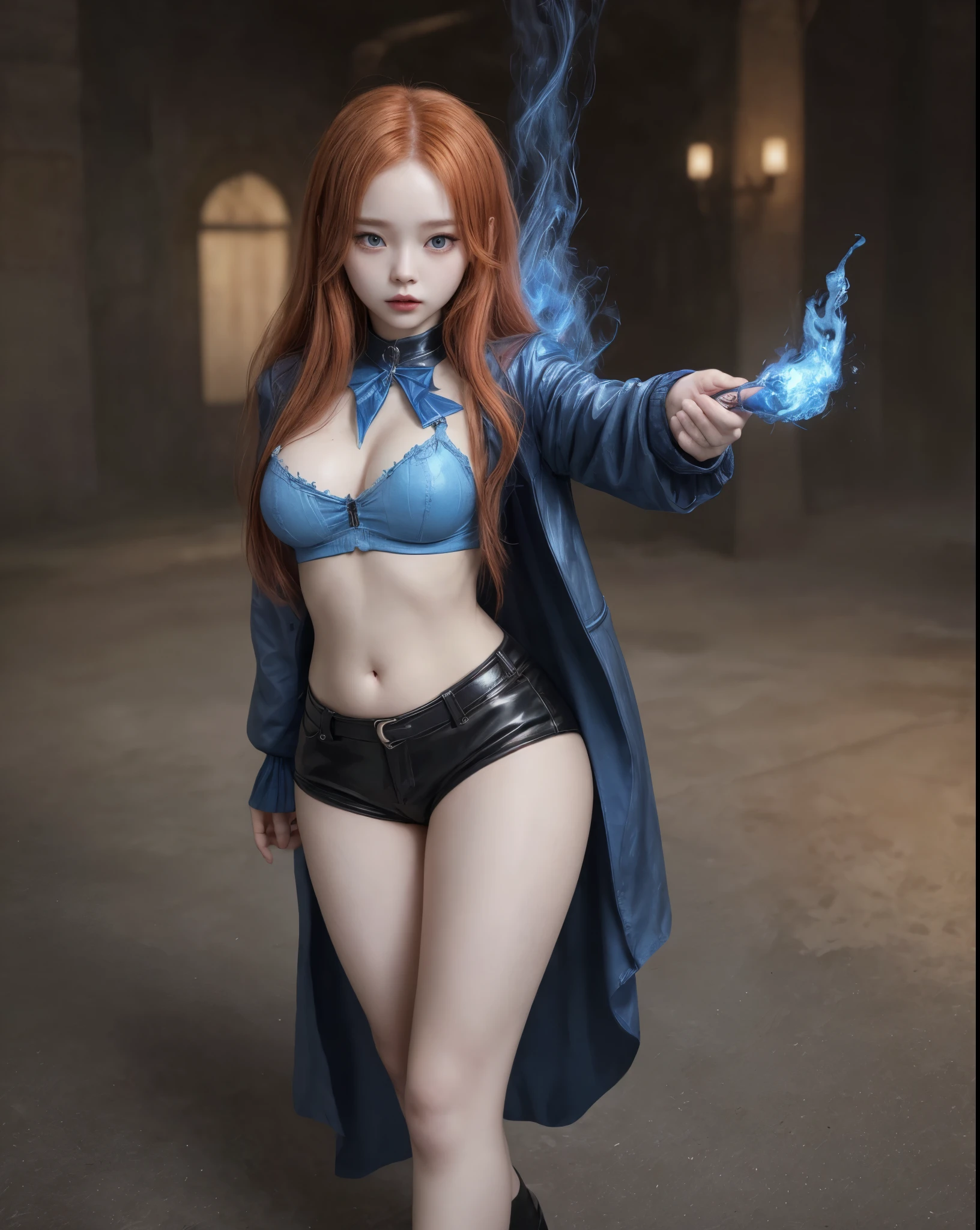 young girl, kim chaewon as a sexy young girl, full body view, fullbody, full body, kim chaewon is a girl, 1girl, fantasy gothic city background, kim chaewon, girl, small breast, figure, long red hair, red eyes, face front, tight fantasy outfit, belly exposed, legs exposed, leather shorts, emotional face, make up, masterpiece, best quality, female sorcerer, blue fire power, blue fire around her, create blue fire from hands