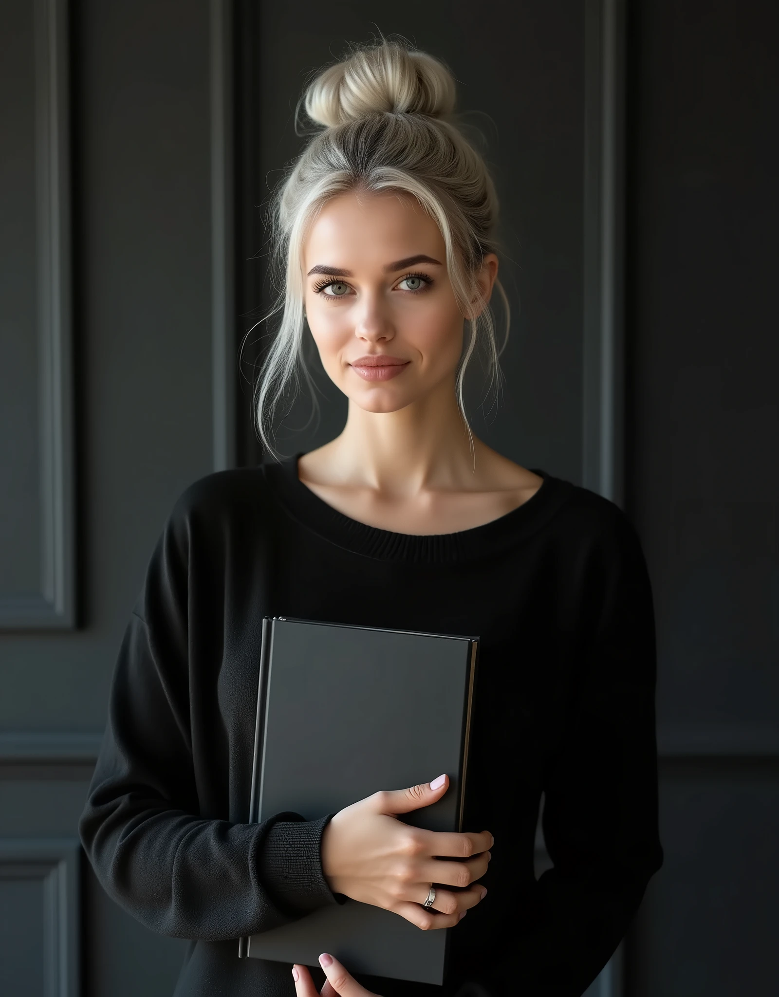 Beautiful Russian girl with white skin, light gray hair, hair in a bun, smooth facial features, girl model, dasha taran,  professional Photo, 4K, a high resolution, high detail, aesthetically pleasing, Beautiful, realistic, standing straight, Looks straight, holds a black book, against the backdrop of a black living room, (very detailed skin:1.2), contract for 8 thousand., SLR camera, very detailed face, artistic composition, Photo,