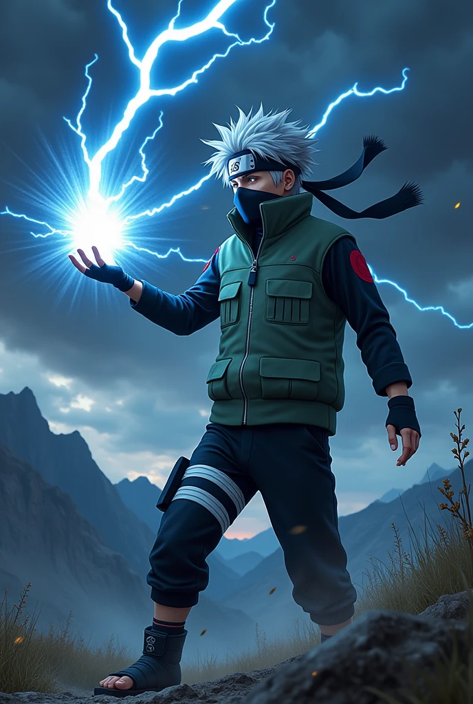 Kakashi is firing a lightning bolt with the Chidori, holding it with his hand up.