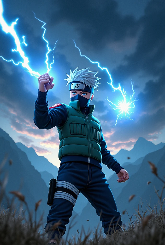 Kakashi is firing a lightning bolt with the Chidori, holding it with his hand up.