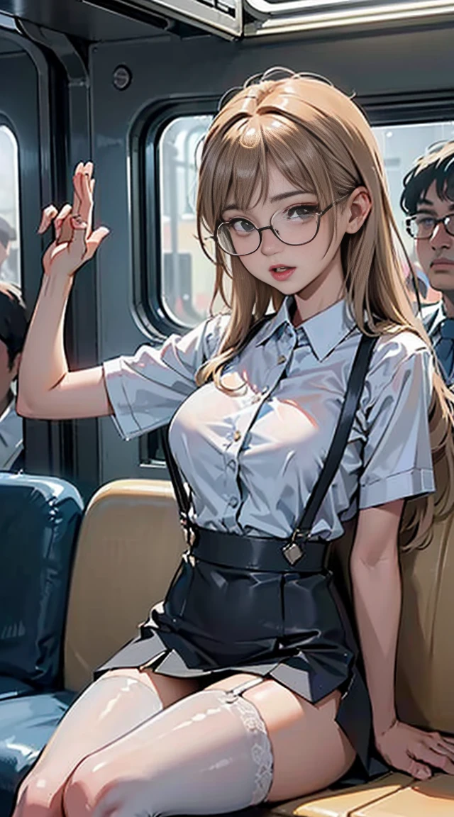 Train crowded with lots of people,old 70 year old bearded glasses groping her oor from behind, sticking on the breasts, grabbing on the ass, Mini skirt, white, 40k, photography, masterpiece, best quality, dark gray background, behind, sfw, (1girl blue eyes and blonde hair soon curly), big ass until waiting wearing, (mini skirt sexy_outfit: 1.3), (white clothes: 1.3), Elderly man from behind hugging her,varied poses.