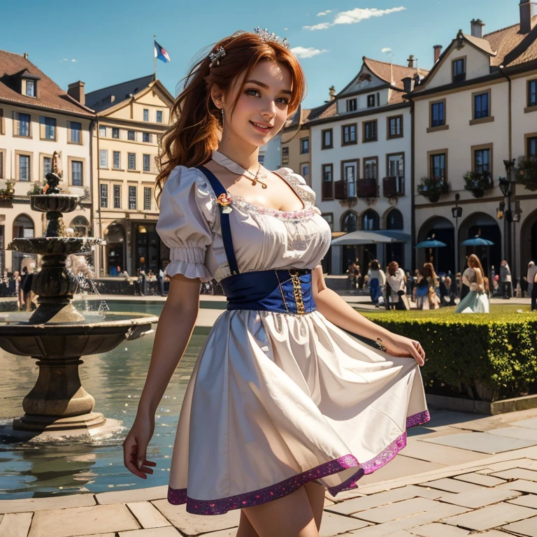 (masterpiece, best quality:1.5), highest quality, High resolution, super detailed, Realists, Upper body photo of a 16-year-old redhead girl, detailed and beautiful eyes, beautiful detailed lips, very detailed eyes and face, longeyelashes, A 16-year-old girl in a beautiful long shiny satin dirndl, Tip in the fabric, Beautiful and colorful makeup, elegant and noble々Pose, Beautiful bows in the hair, Ponytail hairstyle with a bow, Munich as a backdrop, bright daylight, bright colors, fine brushstrokes, Portrait style, beautiful color palette, glowing skin, First-class rendering, that captures every detail, enchanting atmosphere, (perfect anatomy:1.2), (The stunning girl wears a beautiful long dirndl. smiling in love and full of joy for the festival, nice legs. She stands next to the fountain and proudly presents herself. The girl stands and dances for joy and lets her skirt dance (magnificent panorama view:1.2)